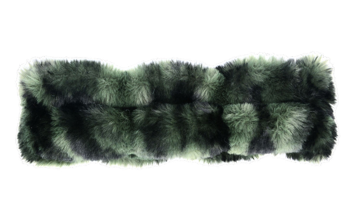 Black Pine Narrow Ear / Neck Cozy in Royal Opulence faux fur. Handmade by Pandemonium Seattle.