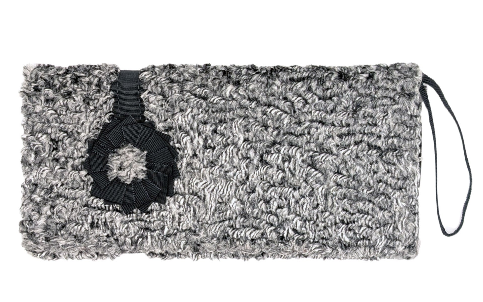 Envelope Clutch with Grosgrain Detail - Persia in Tweed Black & White Faux Fur with Black Grosgrain Medallion and button Handbag Pandemonium Millinery