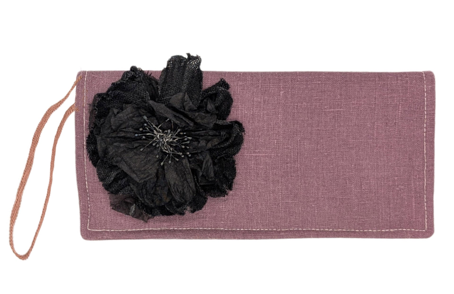 Envelope Clutch with Floral Brooch Detail - Linen in Plum Handbag Pandemonium Millinery