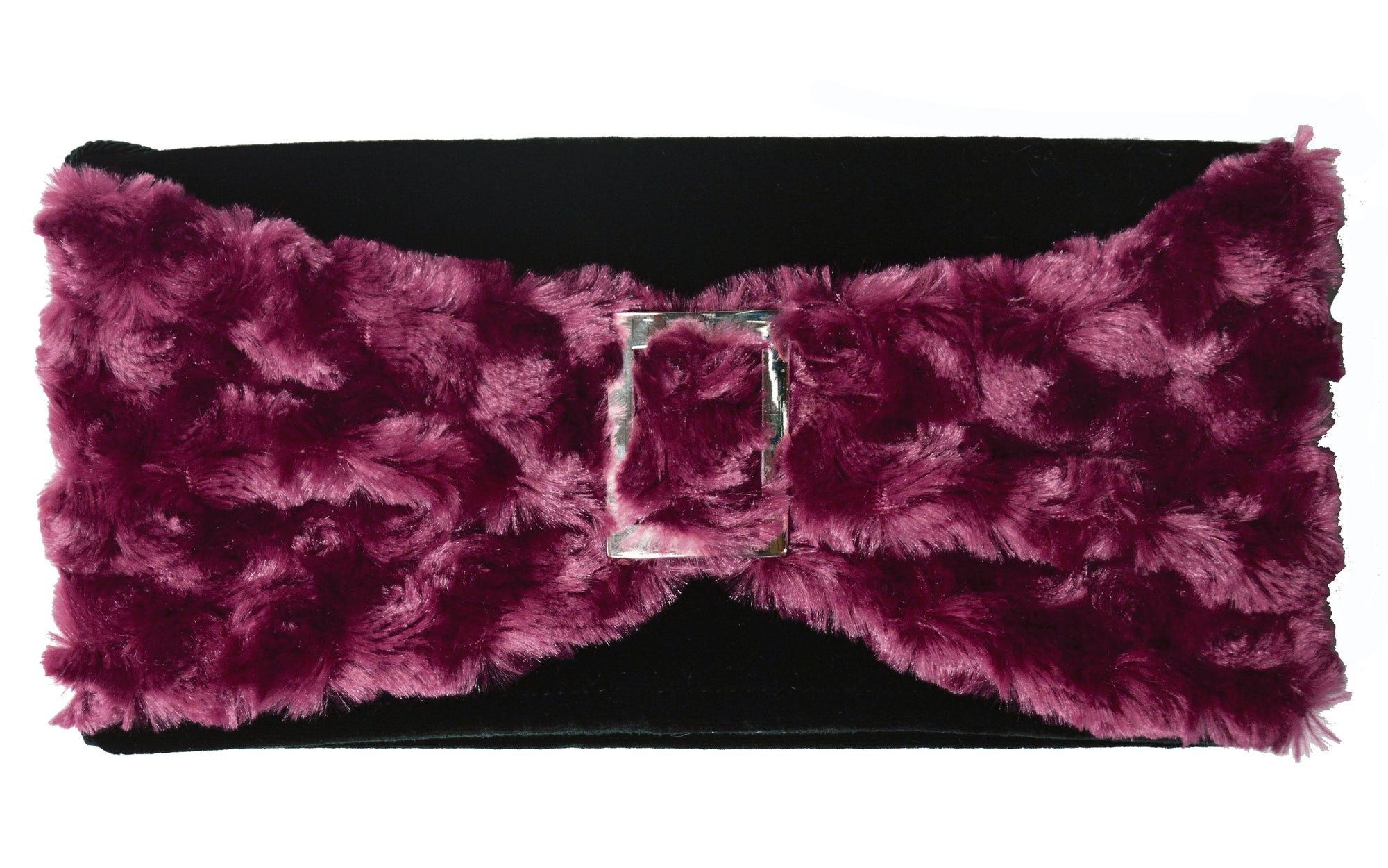 model holding envelope clutch in rosebud raspberry faux fur with black velvet handmade in the USA by pandemonium millinery