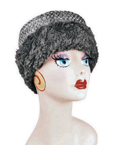   Women's Cuffed Pillbox on mannequin shown in reverse | cuffed pillbox structured frozen with cuddly faux fur in gray | Handmade USA by Pandemonium Seattle