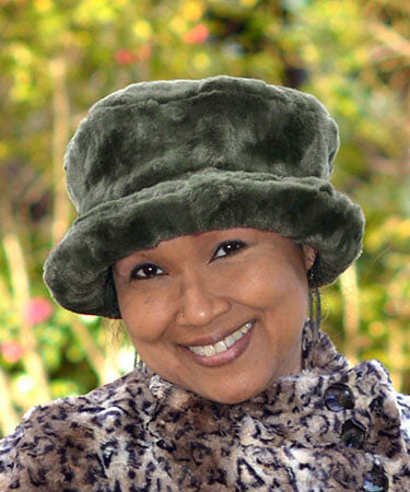 Women&#39;s Molly Wide Brim Bucket Hat in Army Green Cuddly Faux Fur | Handmade in Seattle WA | Pandemonium Millinery