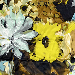 Swatch of Fiesta Handpainted Silk in Masquerade. A flowery pattern of yellows and browns. Made in Seattle, WA, USA by Pandemonium Seattle.
