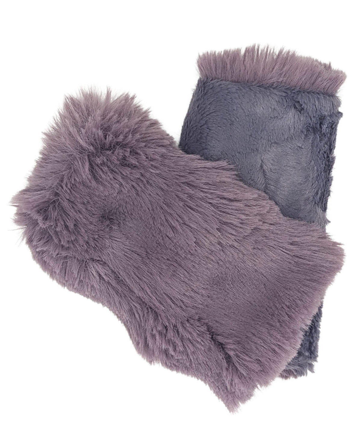 Fingerless Gloves or Hand Warmers in Cool Gray with Sugar Plum. The Enchanted Dreams Faux Fur gloves are handmade in Seattle, WA, USA by Pandemonium Seattle