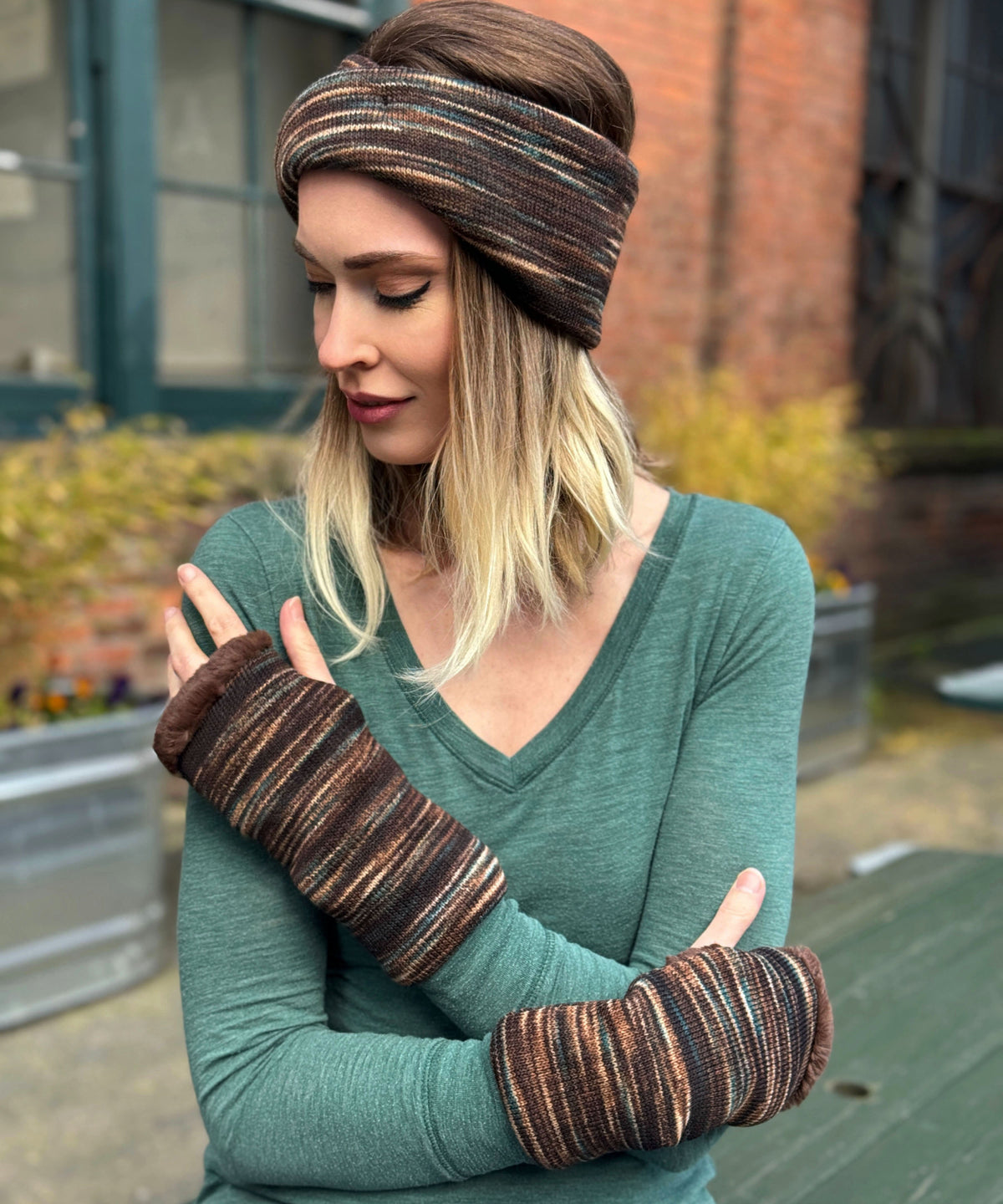 Model wearing Reversible Fingerless Gloves | Sweet Stripes in English Toffee with Cuddly Chocolate Faux Fur | Pandemonium Millinery