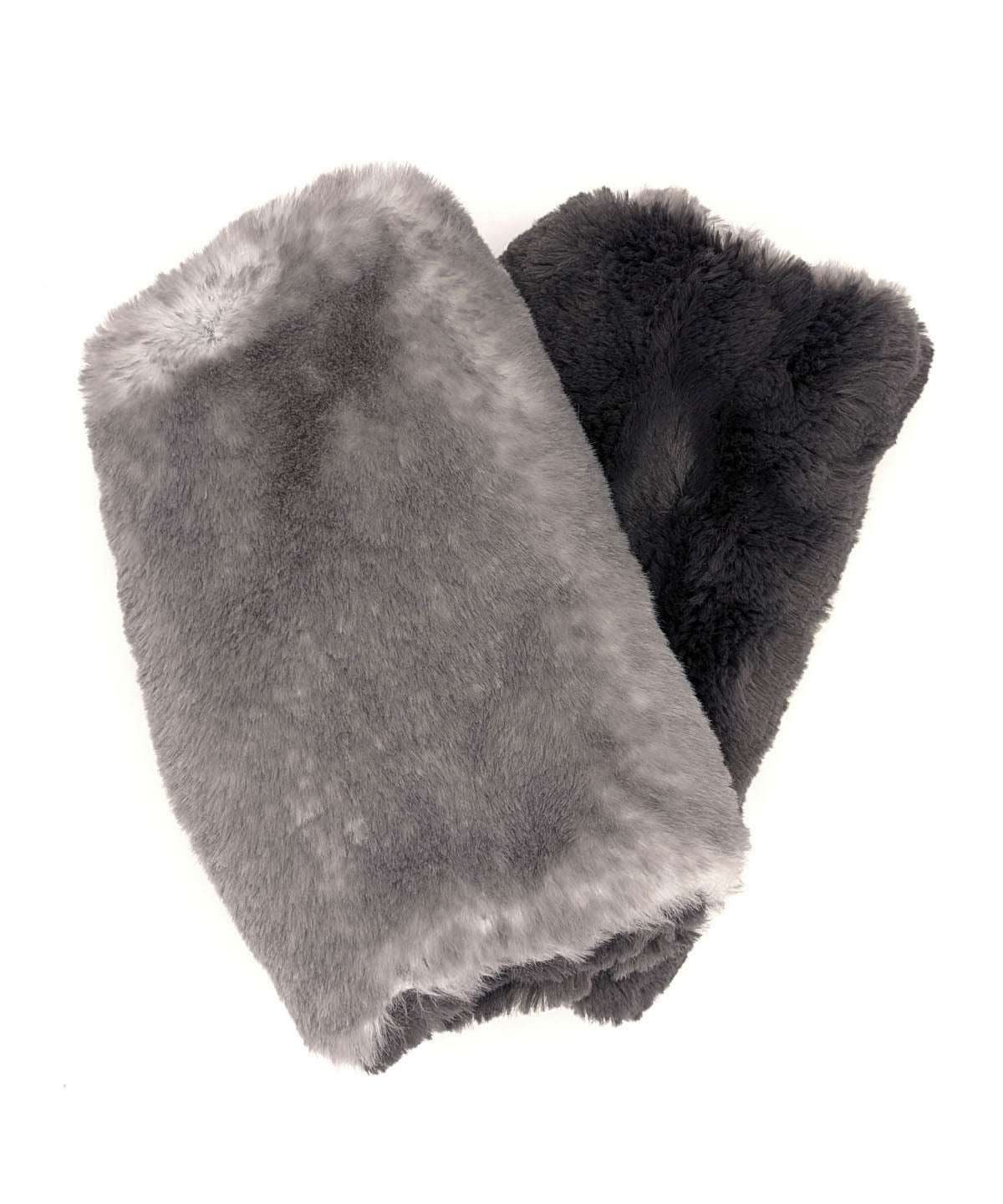 Fingerless Gloves in Coastal Plush Olympic Fog Faux Fur, reversible to Cuddly Smoky Faux Fur. Shown with glove reversed to Cuddly Smoky side. Made in Seattle, WA, USA by Pandemonium Seattle.