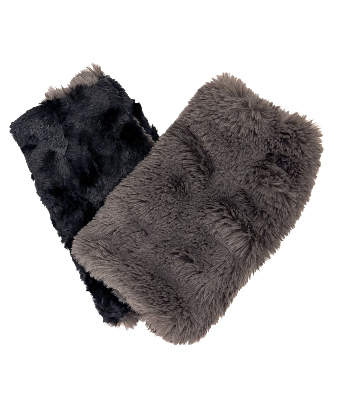 Royal Opulence Faux Fur Fingerless Gloves in Mink Gray, lined Cuddly Black. Made in Seattle, WA, USA. Pandemonium Seattle.