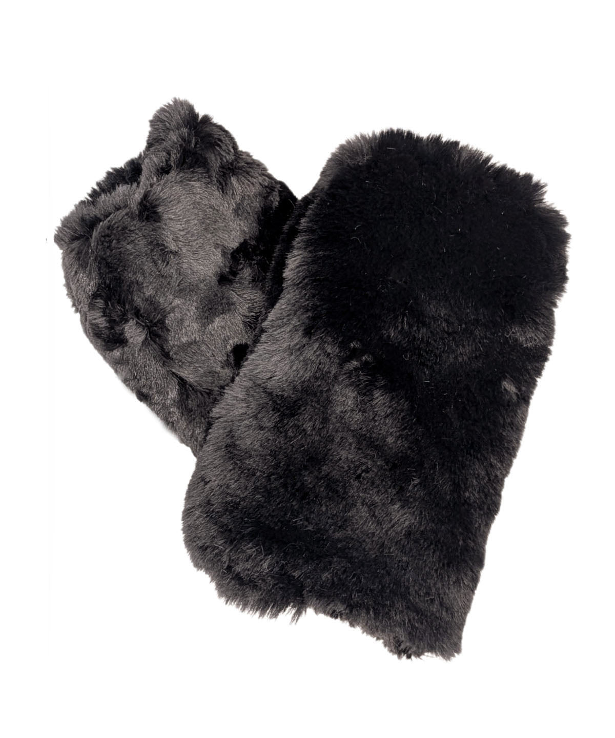 Royal Opulence Faux Fur Fingerless Gloves in Onyx, lined Cuddly Black. Made in Seattle, WA, USA. Pandemonium Seattle.