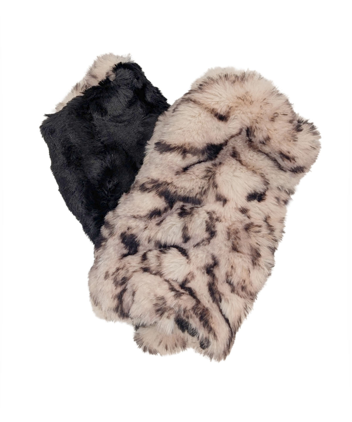 Royal Opulence Faux Fur Fingerless Gloves in Snow Leopard, lined Cuddly Black. Made in Seattle, WA, USA. Pandemonium Seattle.