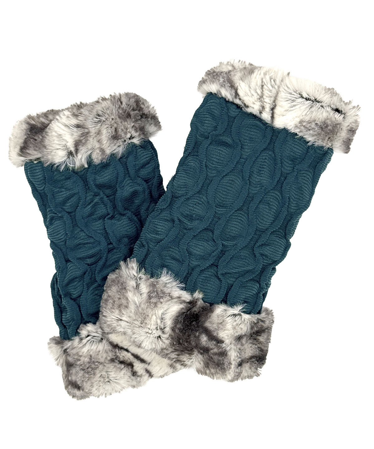 Fingerless Gloves in Fractal Cerulean Blue with Smoke Show Faux Fur on the reverse side. Made in Seattle, WA, USA by Pandemonium Seattle.