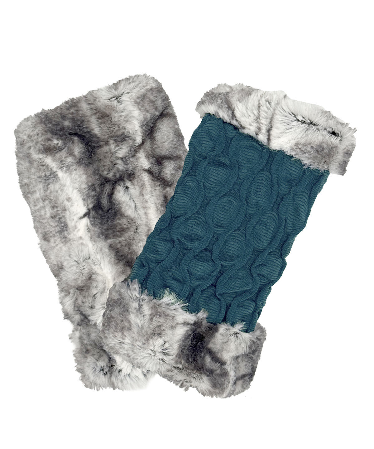 Fingerless Gloves in Fractal Cerulean Blue with Smoke Show Faux Fur on the reverse side. Shown with one glove reversed to display the Smoke Show Faux Fur side. Made in Seattle, WA, USA by Pandemonium Seattle.