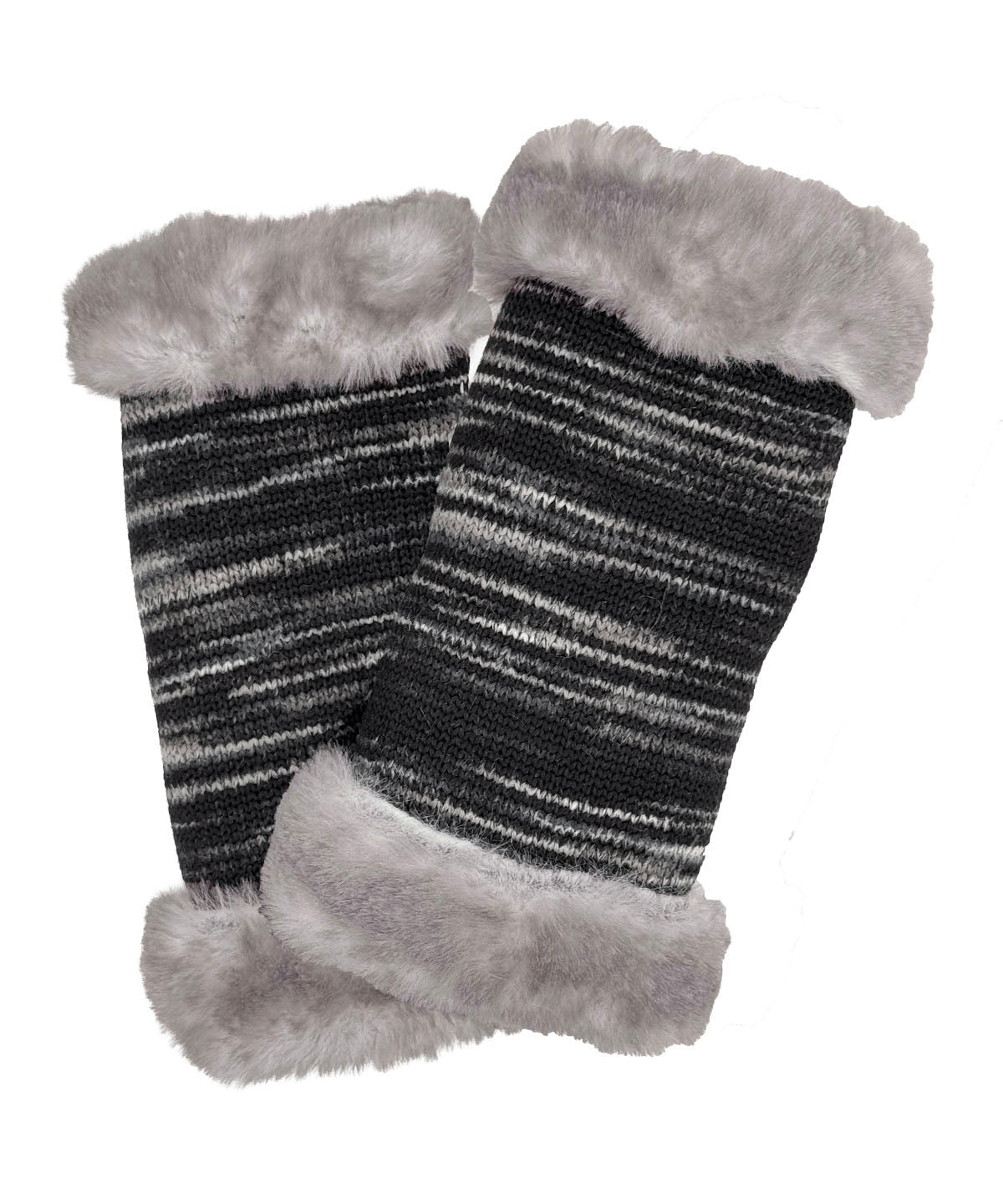Fingerless Gloves in Blackberry Cobbler Knit with Olympic Fog Faux Fur trim. Reversible to Olympic Fog Faux Fur. Made in Seattle, WA, USA by Pandemonium Seattle.