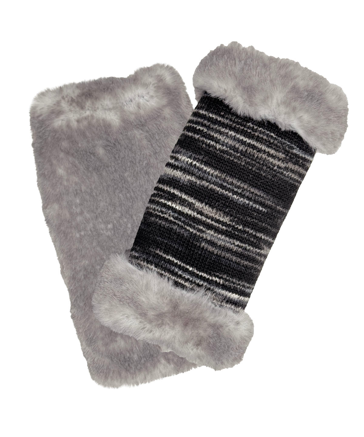 Fingerless Gloves in Blackberry Cobbler Knit with Olympic Fog Faux Fur trim. Reversible to Olympic Fog Faux Fur. Shown with one glove reversed to Olympic Fog Faux Fur side. Made in Seattle, WA, USA by Pandemonium Seattle.