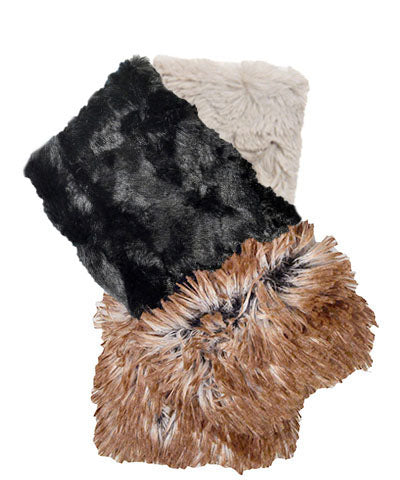 Fingerless Goves with Red Fox Faux Fur Cuffs and Cuddly Black Faux Fur body. Made in Seattle, WA, USA by Pandemonium Seattle.