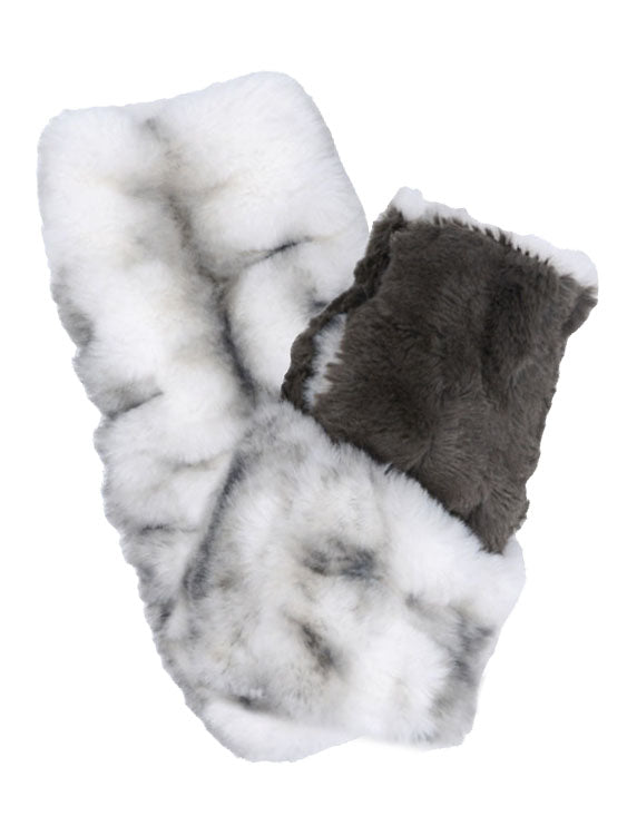 Royal Opulence Fingerless Gloves Mid in Aspen Faux Fur shown with inside lining of Cuddly Gray Faux Fur by Pandemonium Seattle.