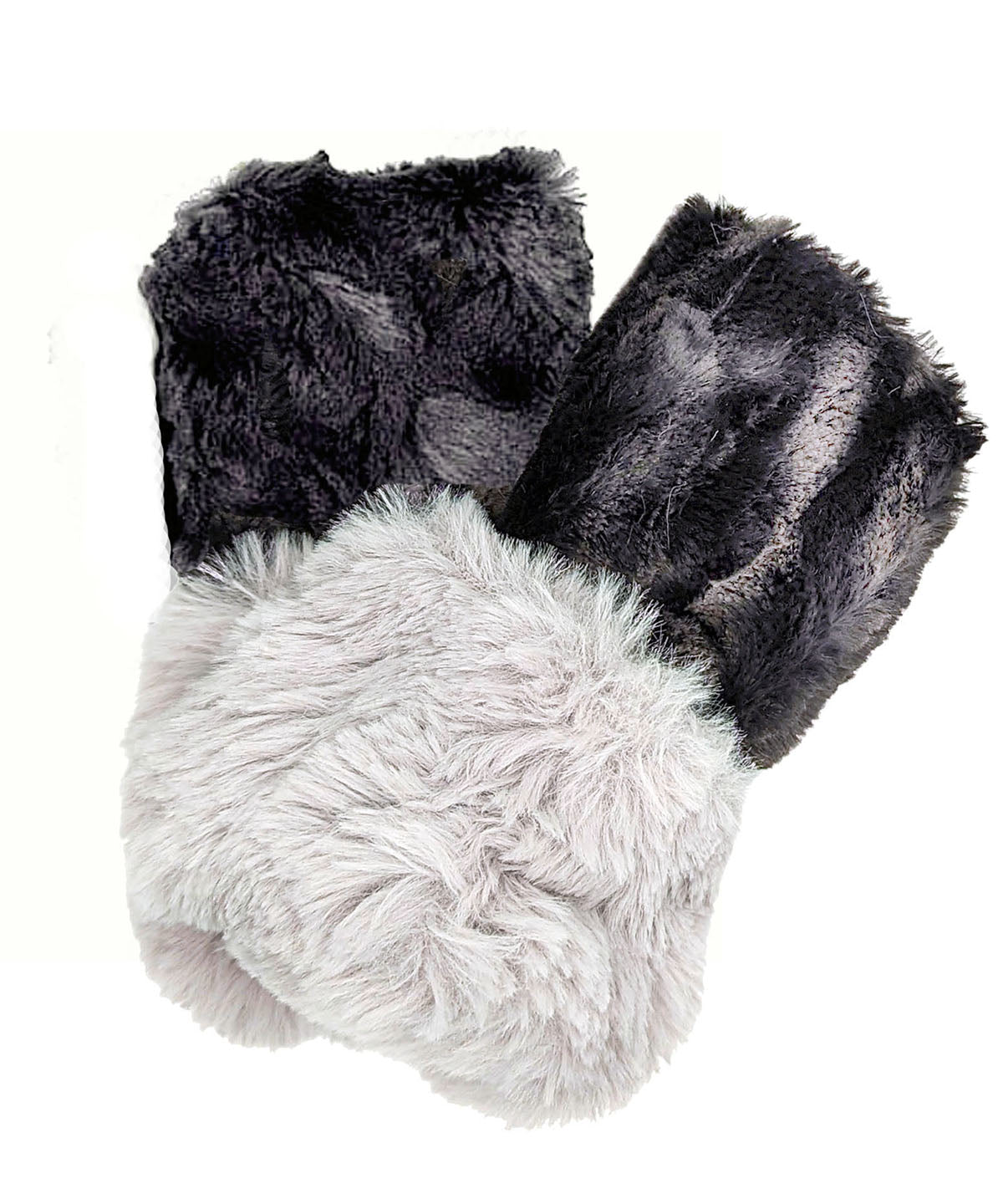 Fingerless Gloves or Hand Warmers in Marble in Black Dune with Fairy Dust Cuffs. The Enchanted Dreams Faux Fur gloves are handmade in Seattle, WA, USA by Pandemonium Seattle.