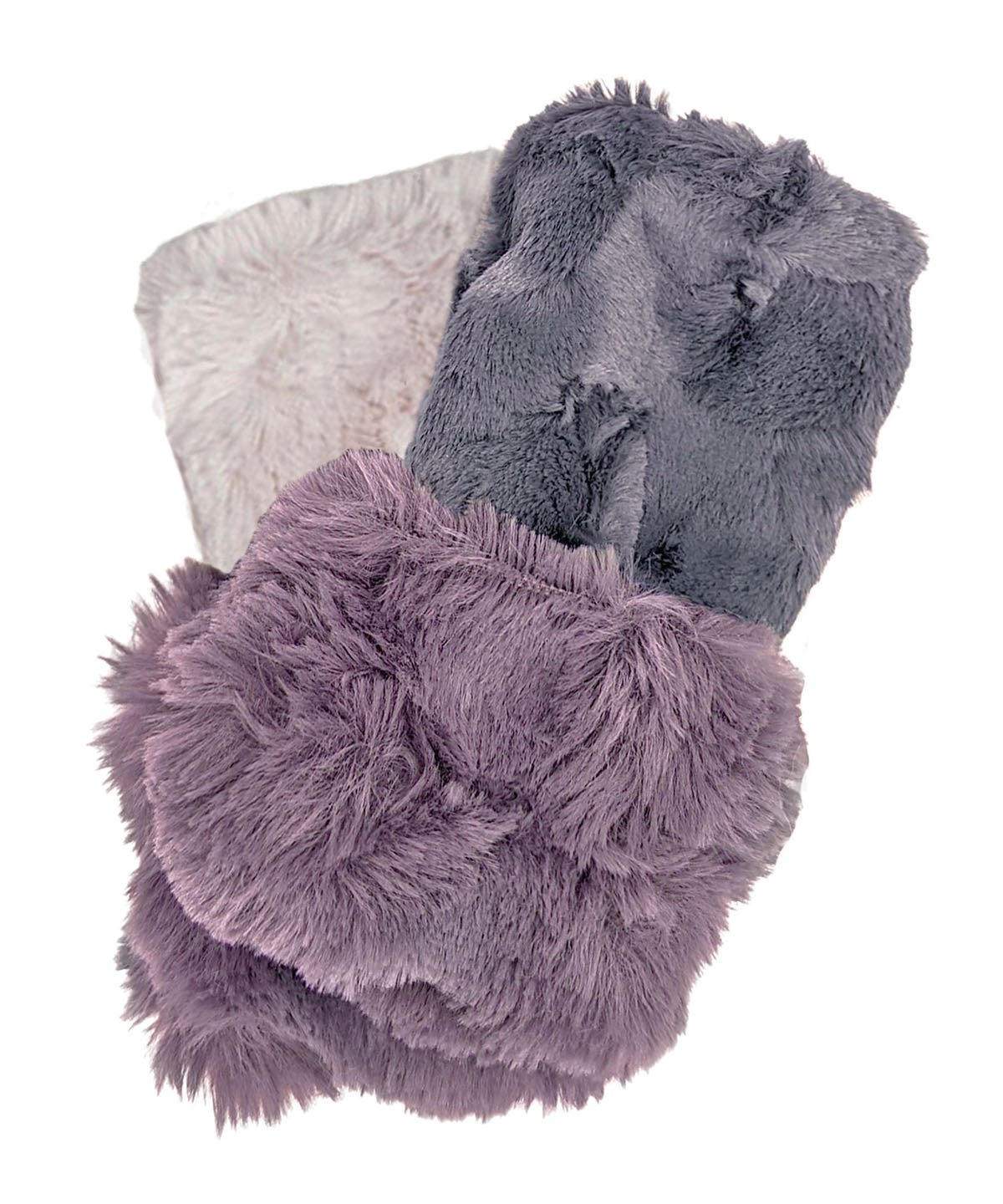 Fingerless Gloves or Hand Warmers in Cool Gray with Sugar Plum Cuffs. The Enchanted Dreams Faux Fur gloves are handmade in Seattle, WA, USA by Pandemonium Seattle.