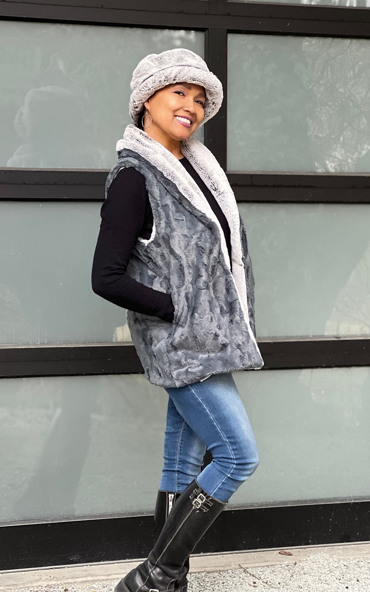 Shawl Collar Vest | Cuddly Slate with Frosted Juniper | Handmade in the USA by Pandemonium Millinery