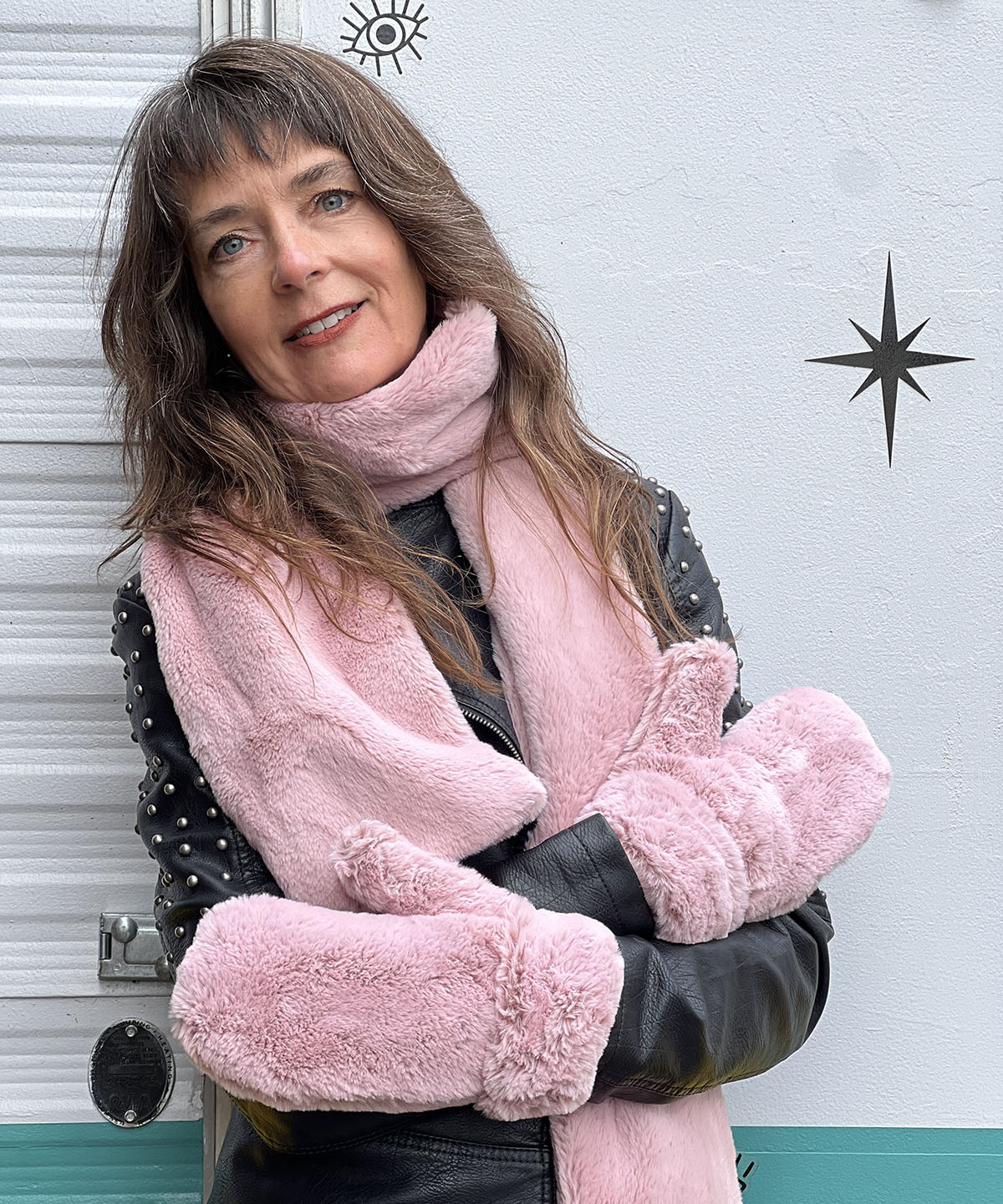 Mittens on Model with matching Scarf | Frosted Cedar Faux Fur | Handmade USA by Pandemonium Seattle