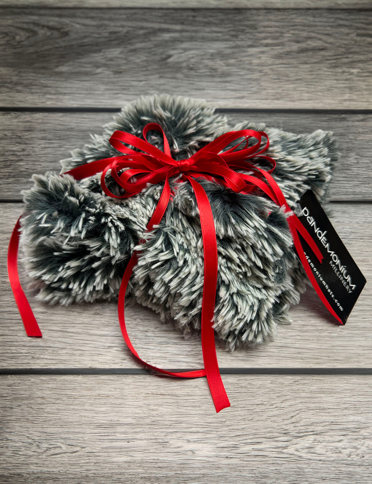 Blue Steel Fox faux fur gift set wrapped with red ribbon handmade in the USA by Pandemonium Seattle