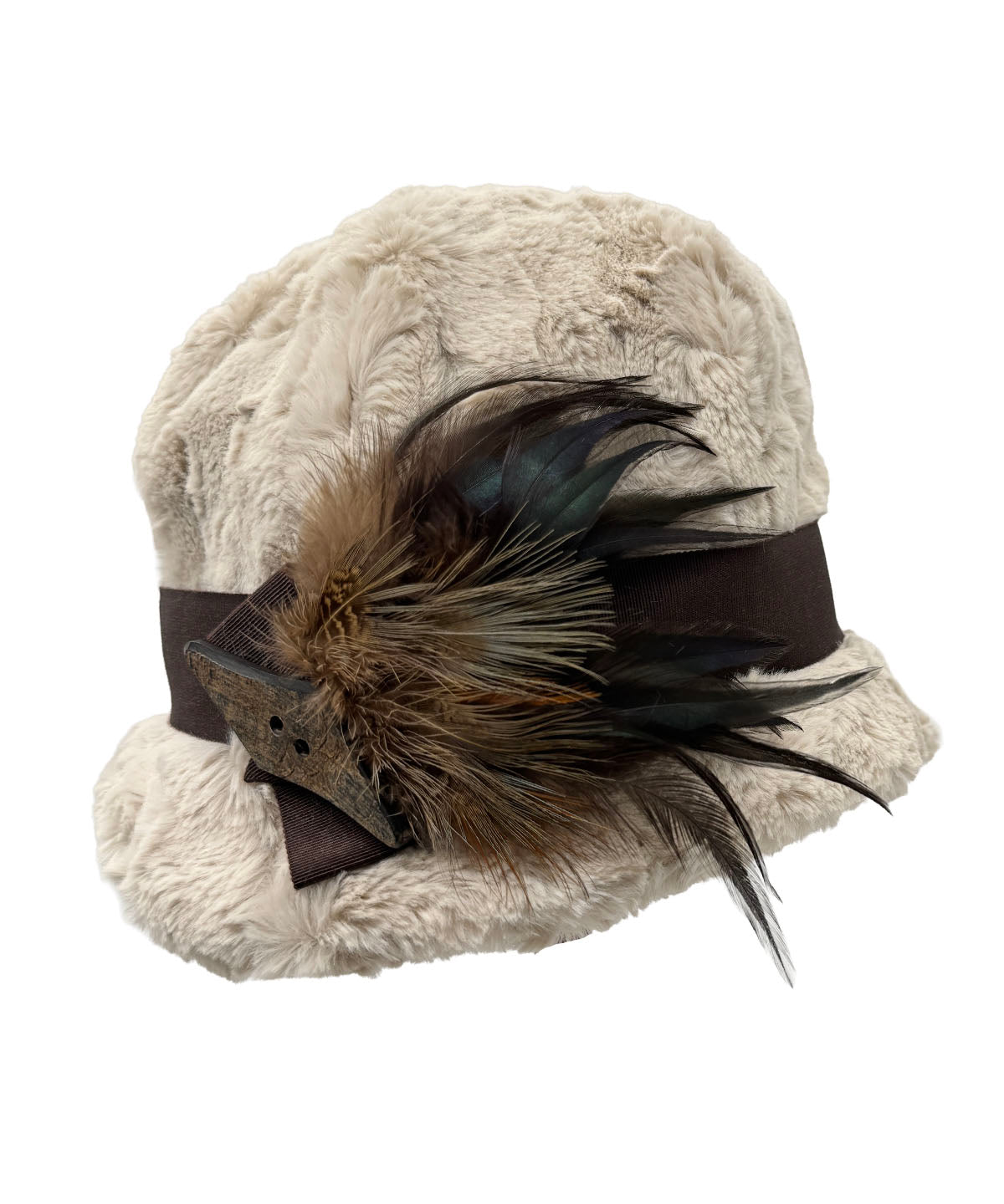 Grace Cloche Hat in Cuddly Sand with Chocolate Grossgrain Band, feather trim and button. Made in Seattle, WA, USA by Pandemonium Seattle.