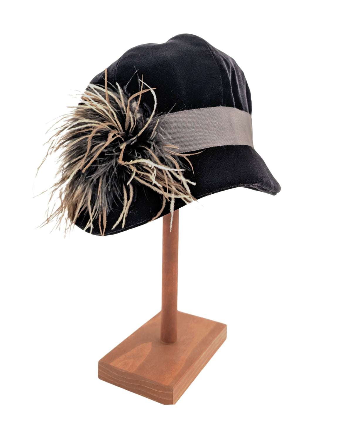  Side View  of Grace 1920s Cloche Style Hat | Velvet in Black with Black, Brown and Cream Ostrich Brooch | Handmade By Pandemonium Millinery | Seattle WA USA