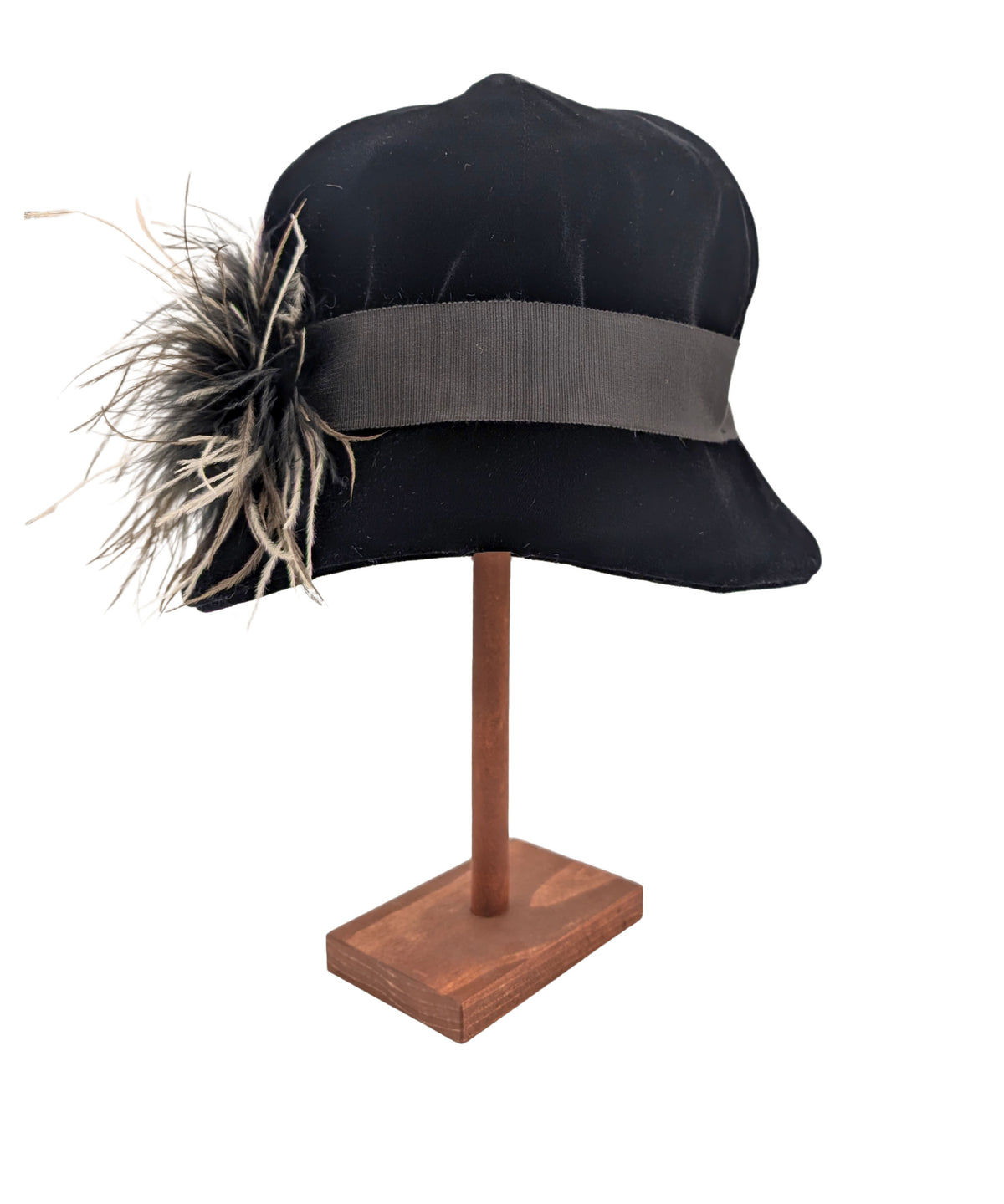 Front view Grace 1920s Cloche Style Hat | Velvet in Black with Black, Brown and Cream Ostrich Brooch | Handmade By Pandemonium Millinery | Seattle WA USA