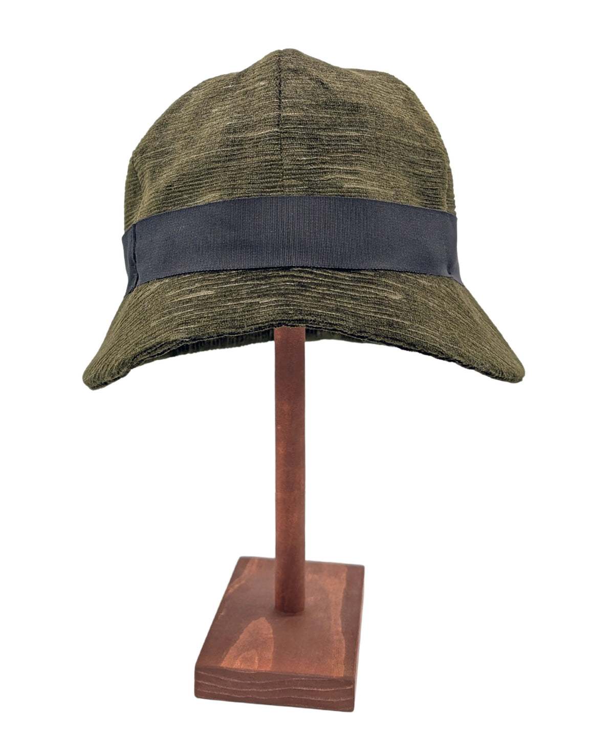 Grace 1920's Cloche Style Hat Front View | Shown in Cohen in Olive with Black Grosgrain Band  | By Pandemonium Seattle | Handmade in USA