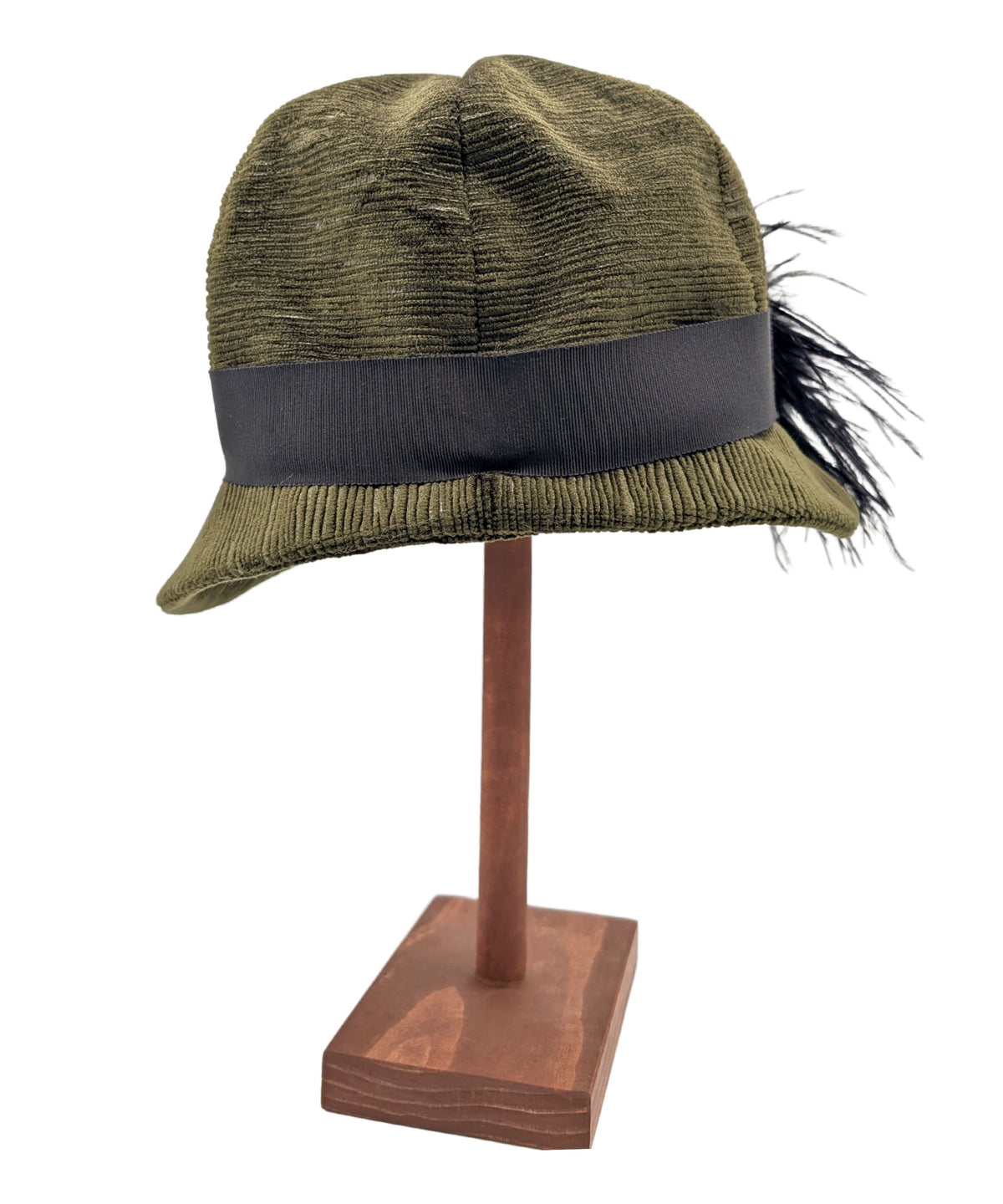 Grace 1920's Cloche Style Hat Back View | Shown in Cohen in Olive with Black Grosgrain Band  | By Pandemonium Seattle | Handmade in USA