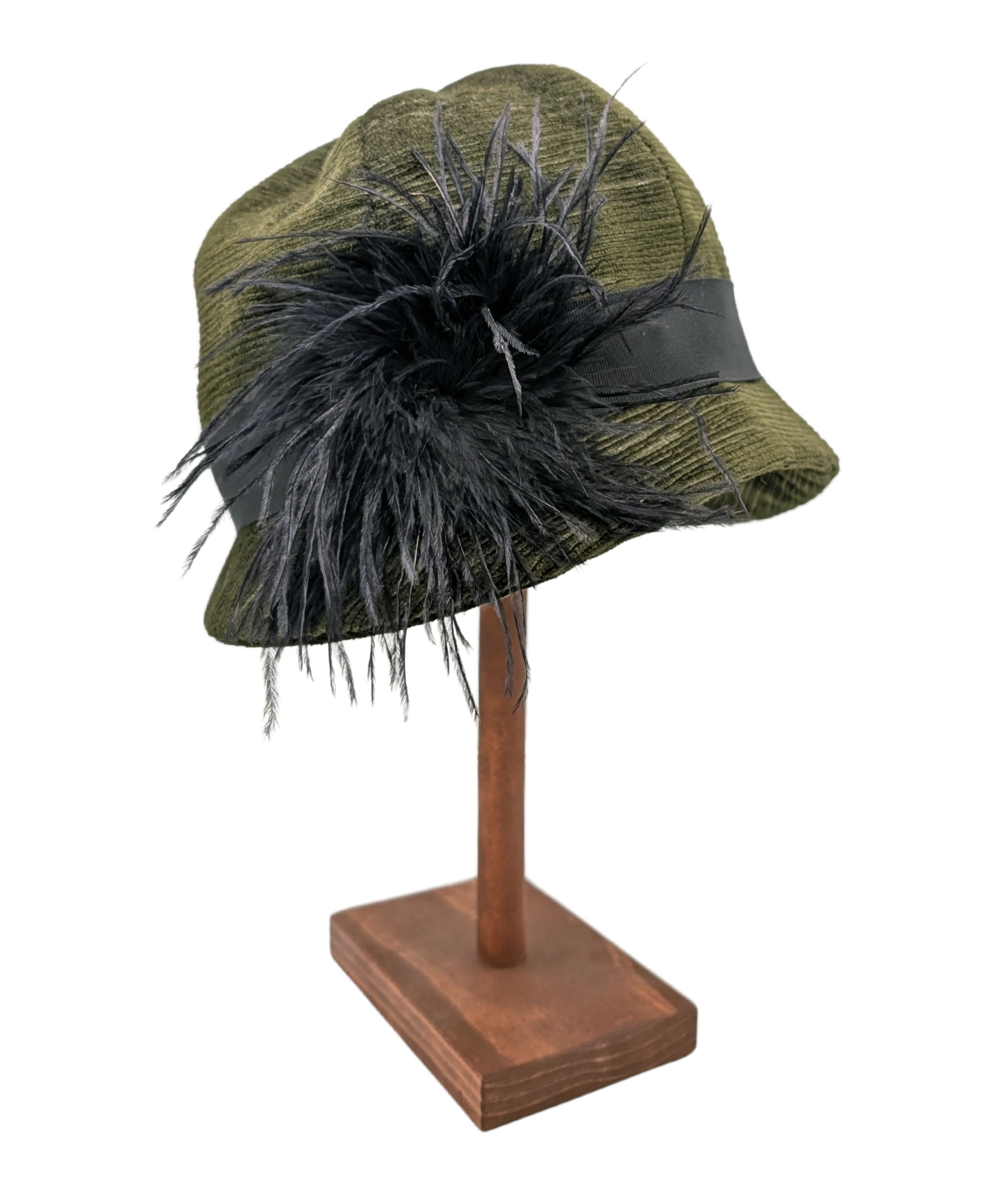 Grace Cloche Style Hat Side View | Shown in Cohen in Olive with Black Grosgrain Band and Black Ostrich Feather Brooch | By Pandemonium Seattle | Handmade in USA