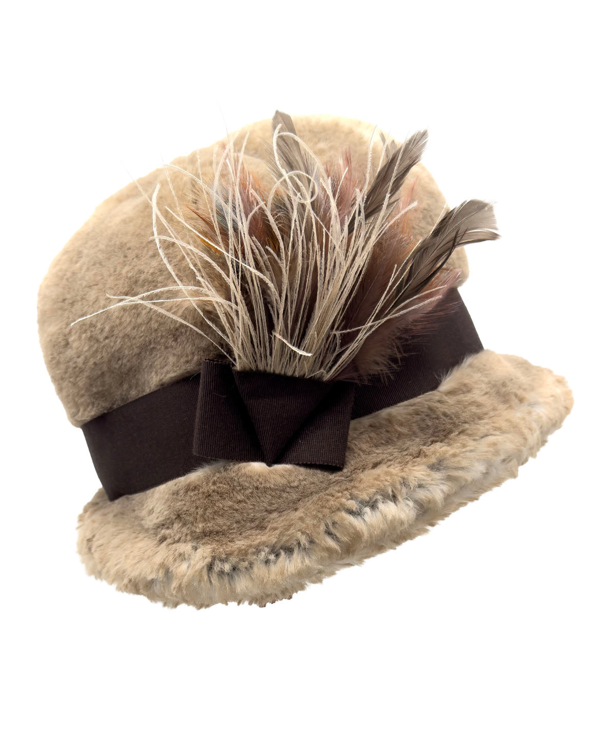 Grace Cloche Hat in Coastal Plush Golden Bluff Faux Fur. Shown hat with Chocolate Grossgrain band and feather trim. Made in Seattle, WA, USA by Pandemonium Seattle.