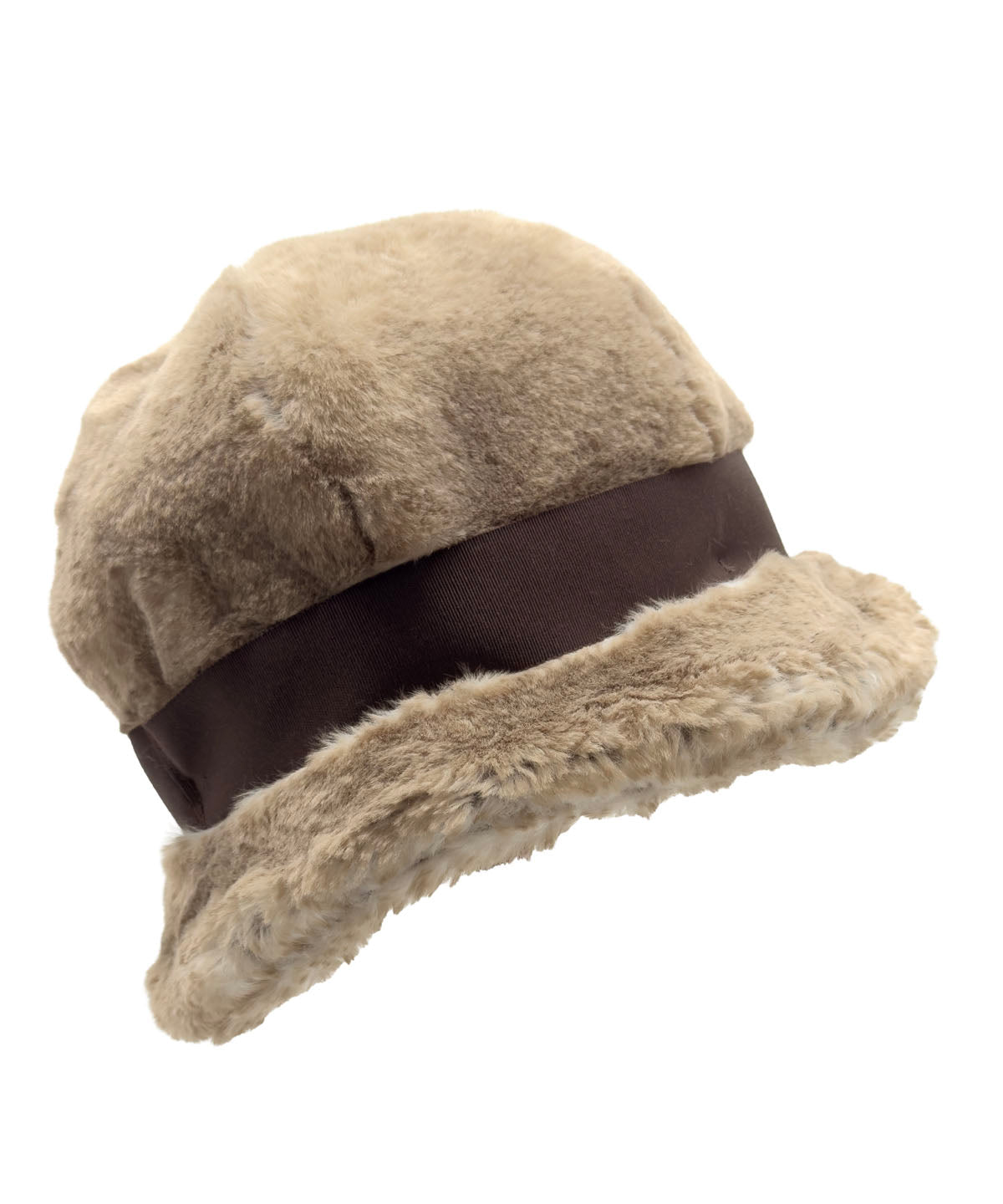 Grace Cloche Hat in Coastal Plush Golden Bluff Faux Fur. Shown hat with Chocolate Grossgrain band. Made in Seattle, WA, USA by Pandemonium Seattle.