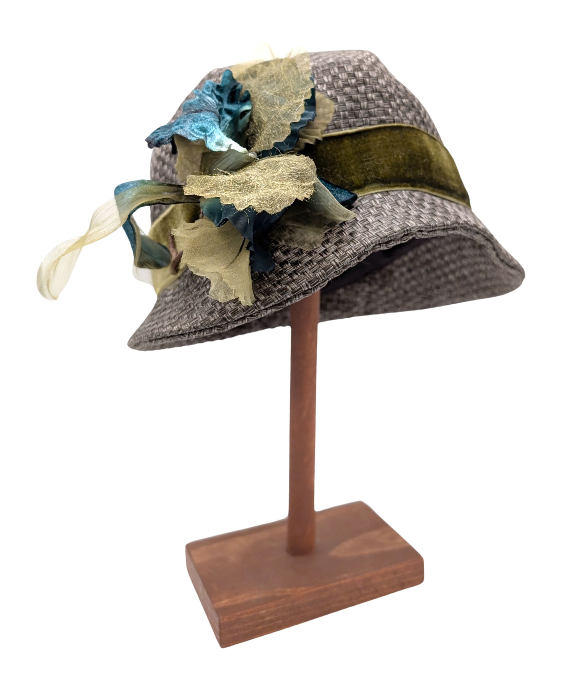 Vintage 1920’s style Cloche hat | 100% wool | size Medium | like new Kathy Jeanne Taupe & Red Flower Wool Cloche Hat – Unique Vintage main image 3
