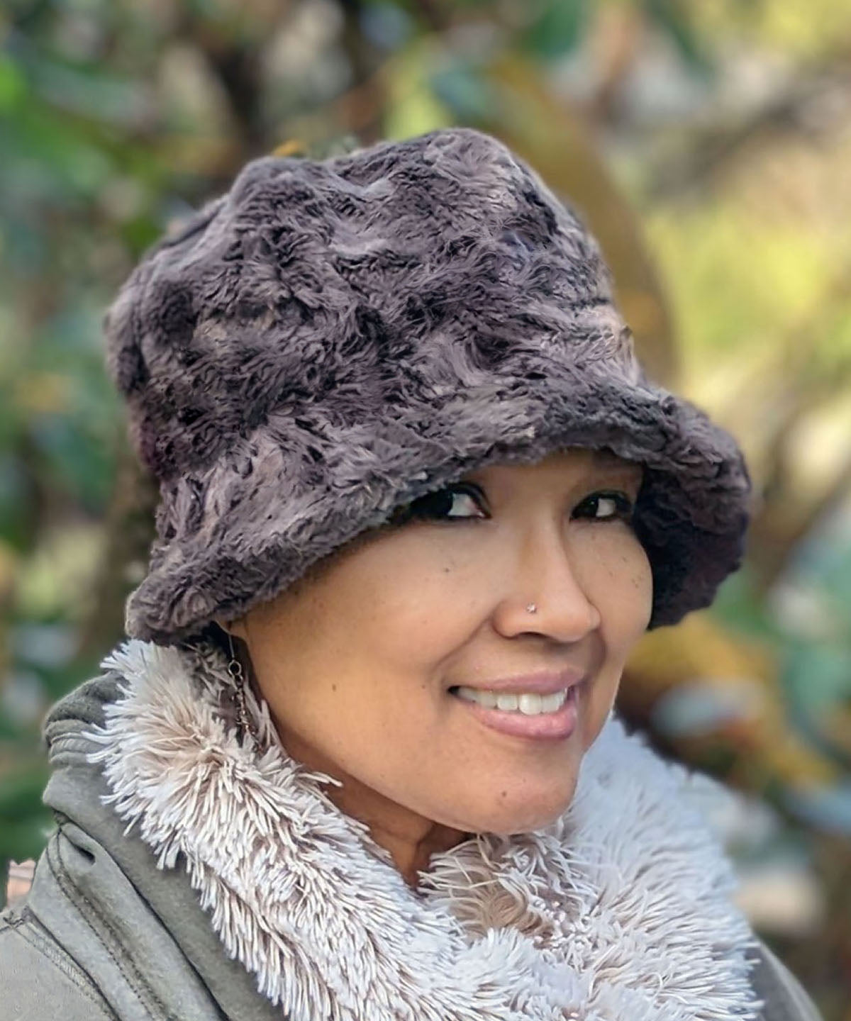 Close up of Woman wearing Grace Cloche Hat in Gray Cuddly Faux Fur | Handmade in Seattle WA | Pandemonium Millinery