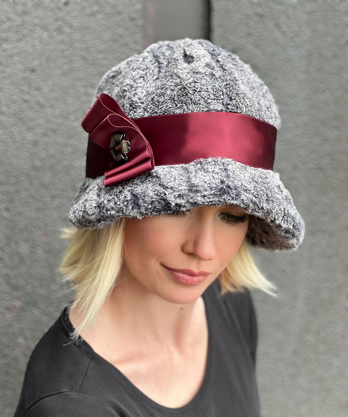 Grace Cloche Hat - Nimbus Faux Fur with Burgundy Satin Bow and Flower Button  - Handmade in USA by Pandemonium Millinery