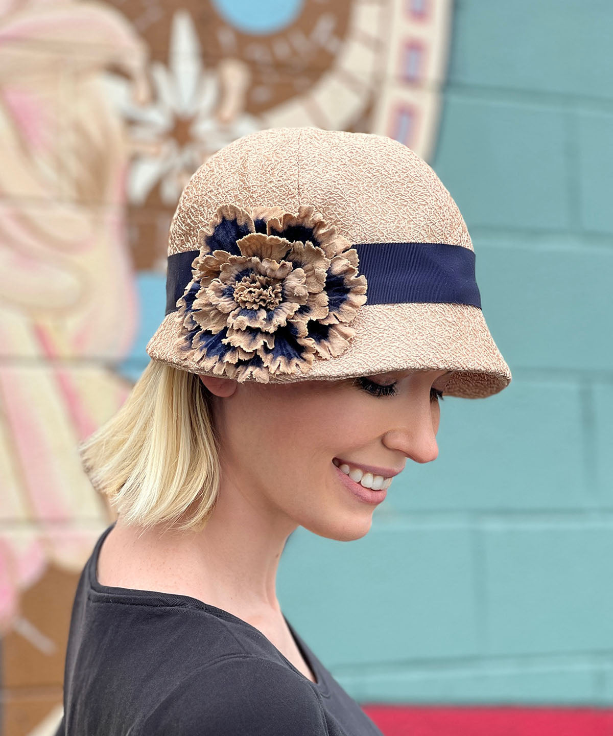 Grace Cloche Style Hat Tumbleweed in Champagne with Navy Grosgrain featuring Large Custom Flower Brooch | By Pandemonium Millinery | Handmade in Seattle WA USA
