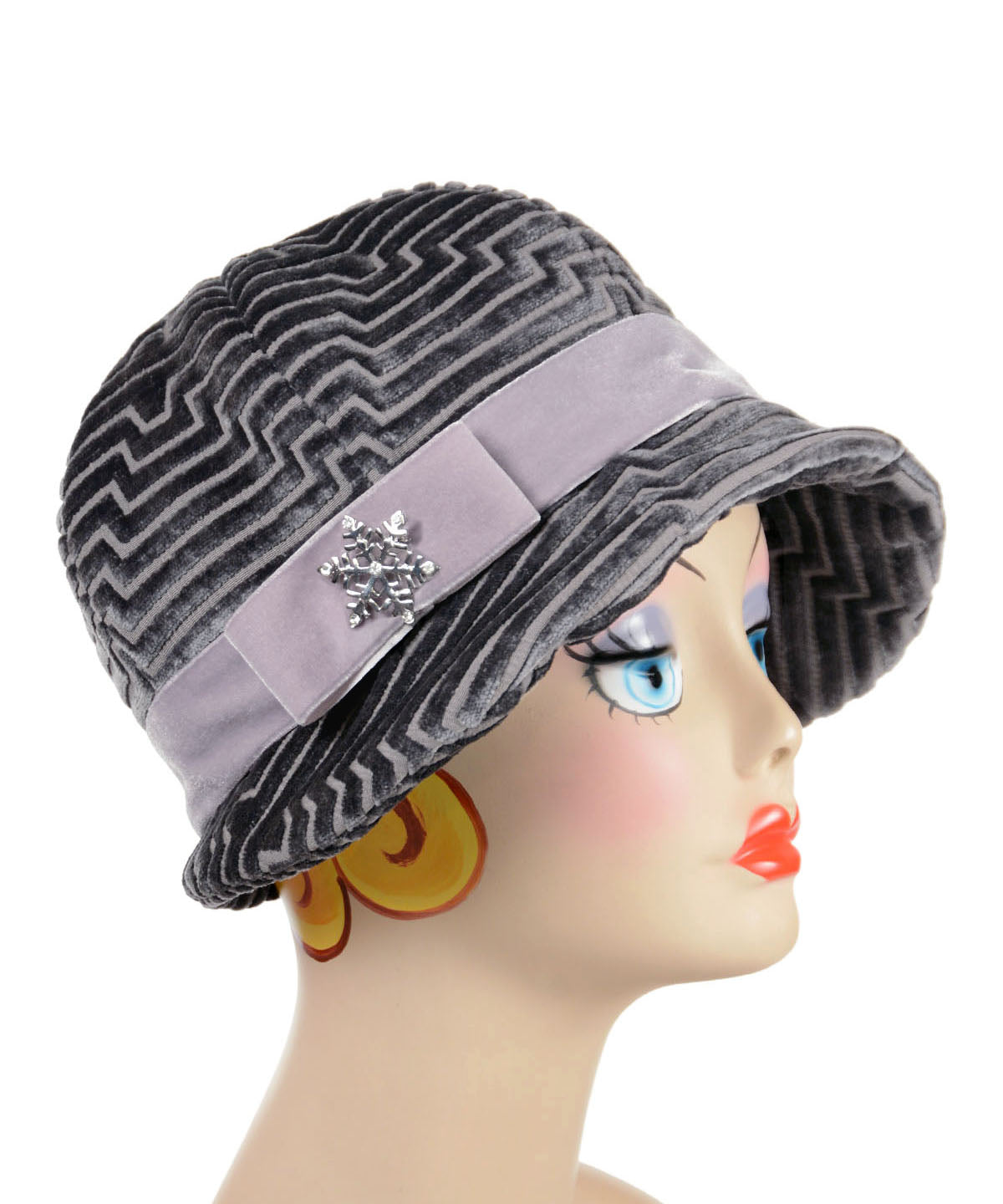 Grace Hat shown in Zen Garden Chenille with Snowflake Brooch and Velvet Band| By Pandemonium Millinery | Seattle WA USA