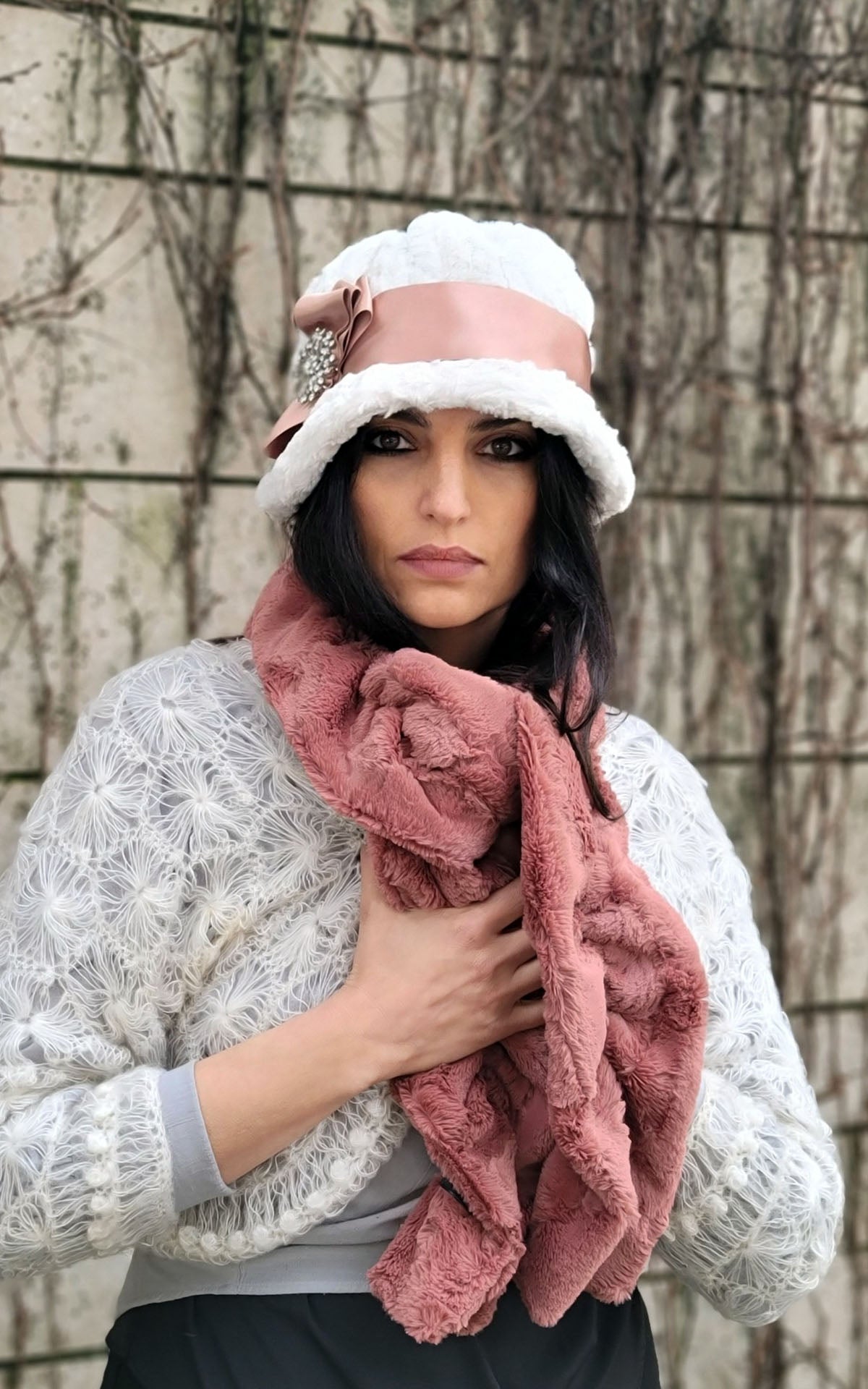 Model is wearing Scrunchy Scarf Cuddly Faux Fur in Copper River by Pandemonium Millinery