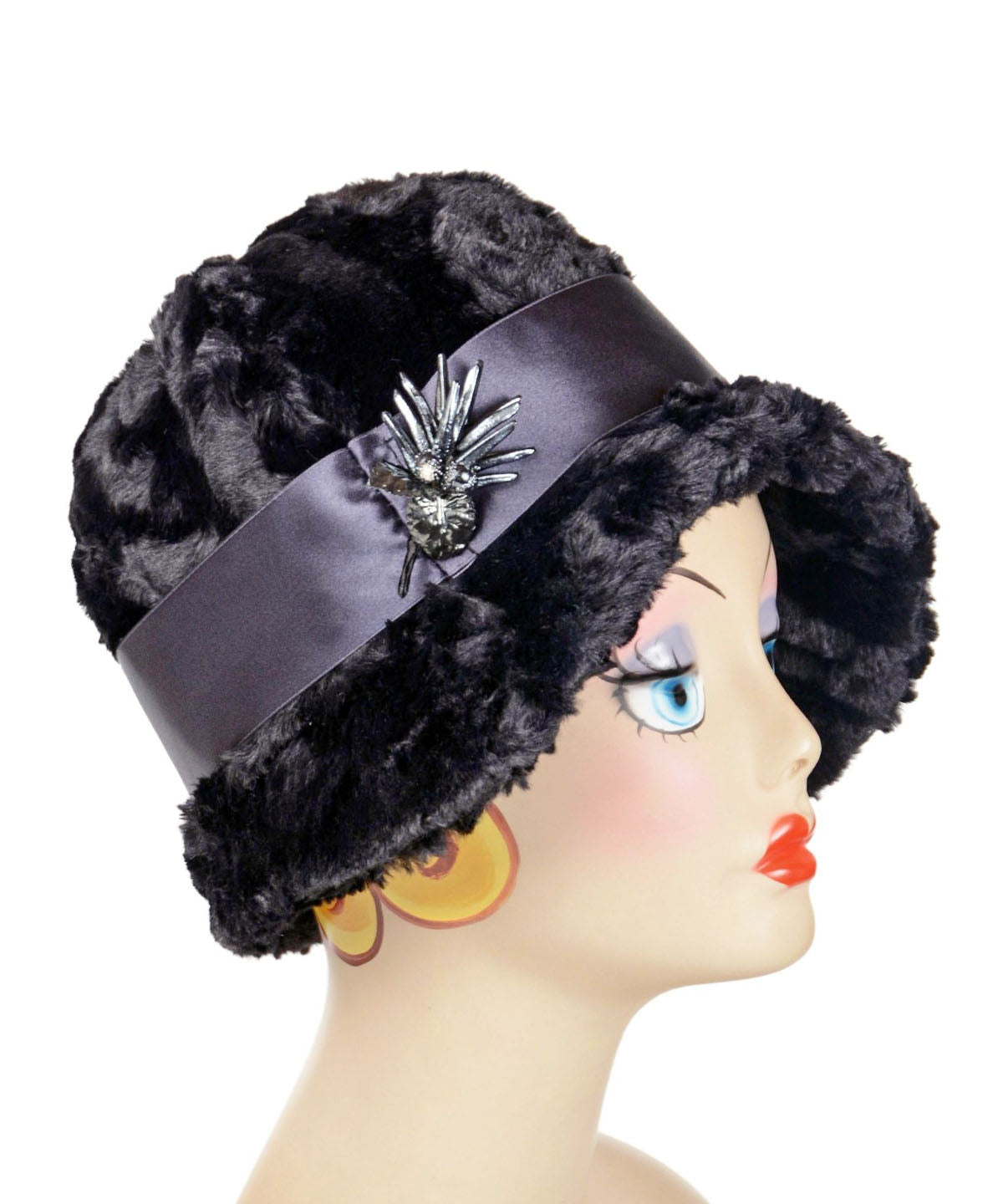Grace Hat with Pine Brooch on Satin Band | Cuddly Black Faux Fur | Handmade USA Pandemonium Millinery