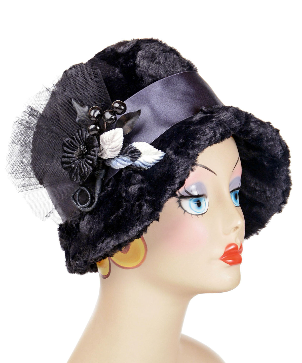 Grace Hat with Floral Brooch on Satin Band | Cuddly Black Faux Fur | Handmade USA Pandemonium Millinery