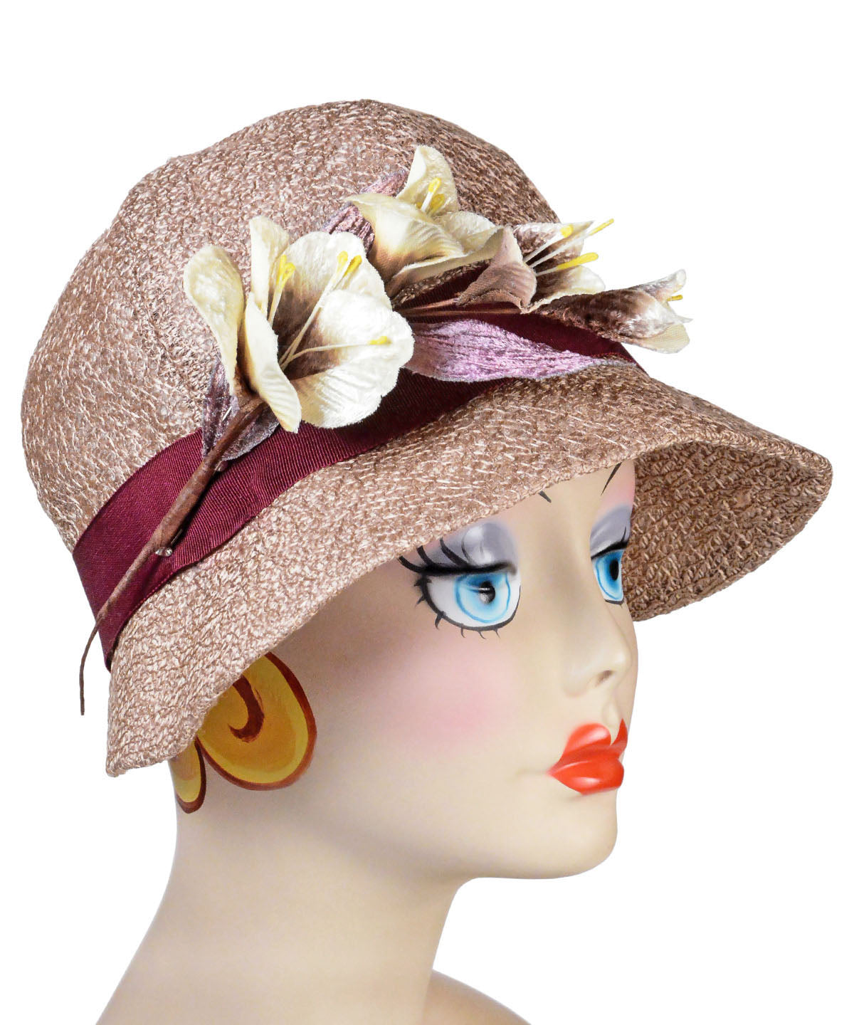 Grace Cloche Style Hat Tumbleweed in Champagne with Burgundy Grosgrain featuring Two Cream Flowers Feather Brooch | By Pandemonium Millinery | Handmade in Seattle WA USA