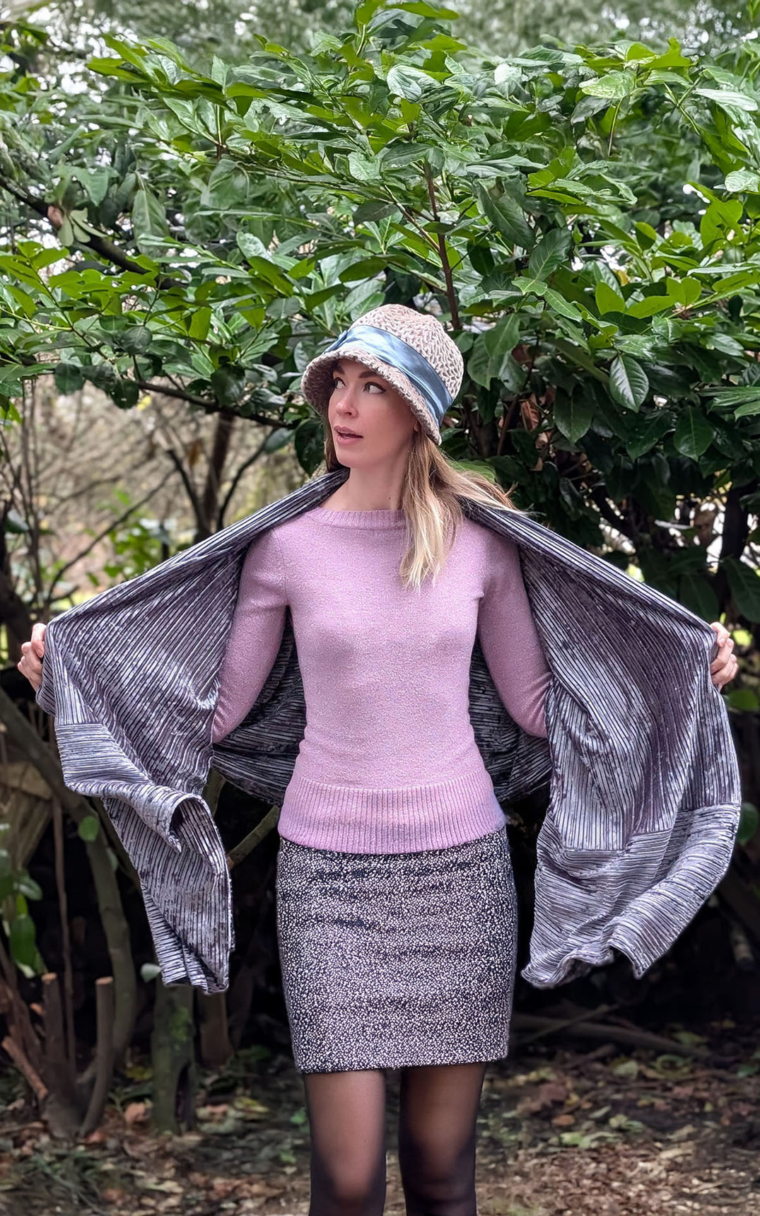 Woman wearing an Evening Wrap in Socialite Pleated Velvet handmade in USA by Pandemonium Seattle