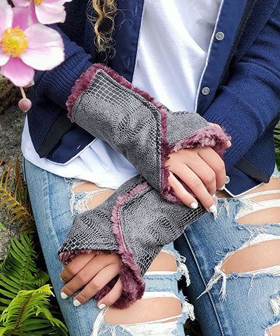 Reversible Fingerless Gloves | Vegan Leather Outback in Brown Assorted Faux Fur | Pandemonium Millinery