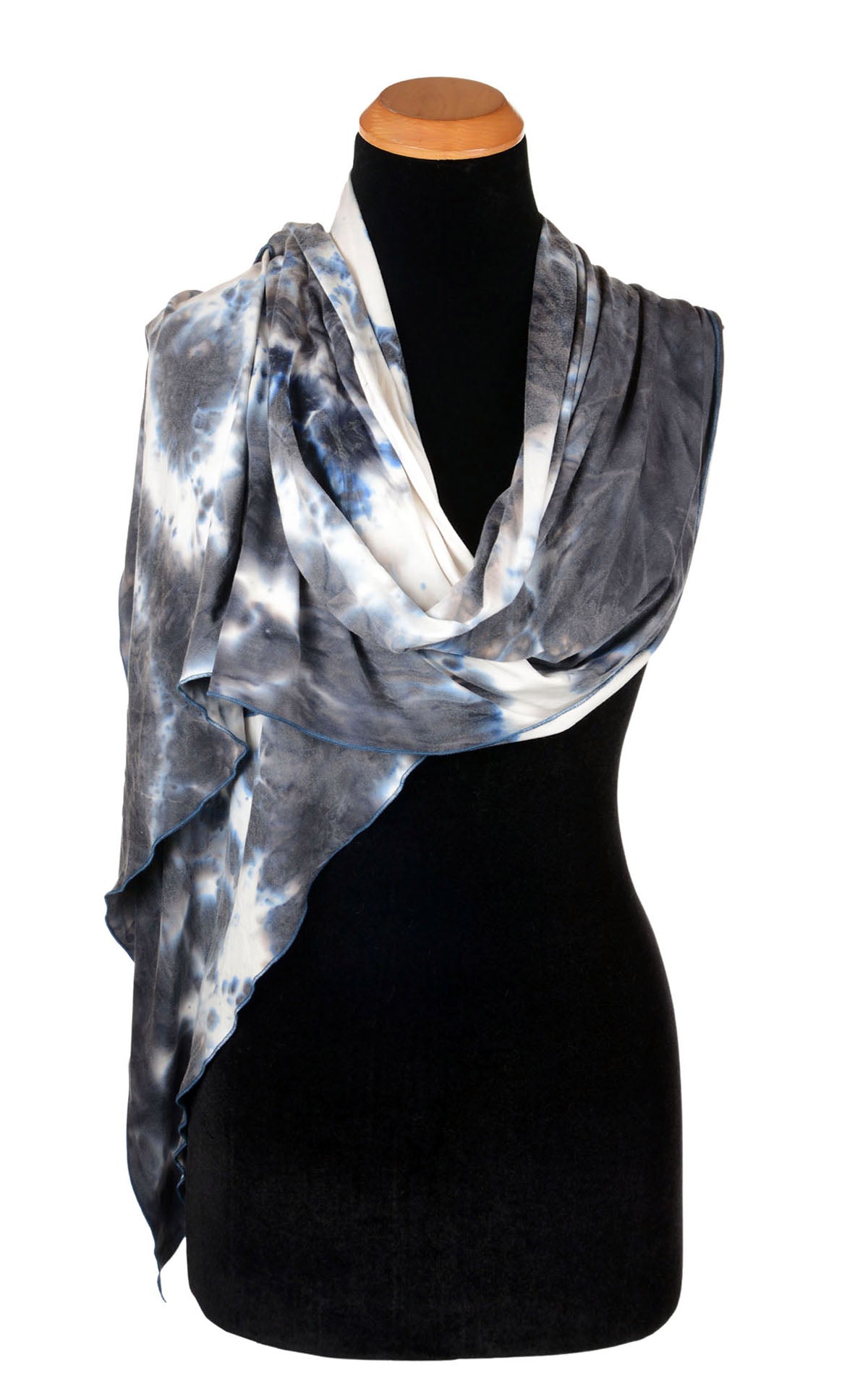 Handkerchief Scarf shown in Sky High Tie Dye Jersey knit by Pandemonium Seattle. Handmade in Seattle WA USA.