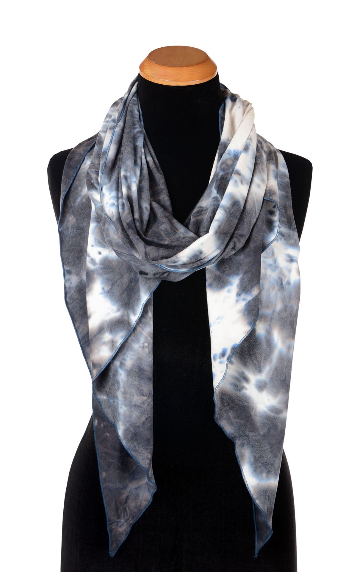 Front view Handkerchief Scarf shown in Sky High Tie Dye Jersey knit by Pandemonium. Handmade in Seattle WA USA