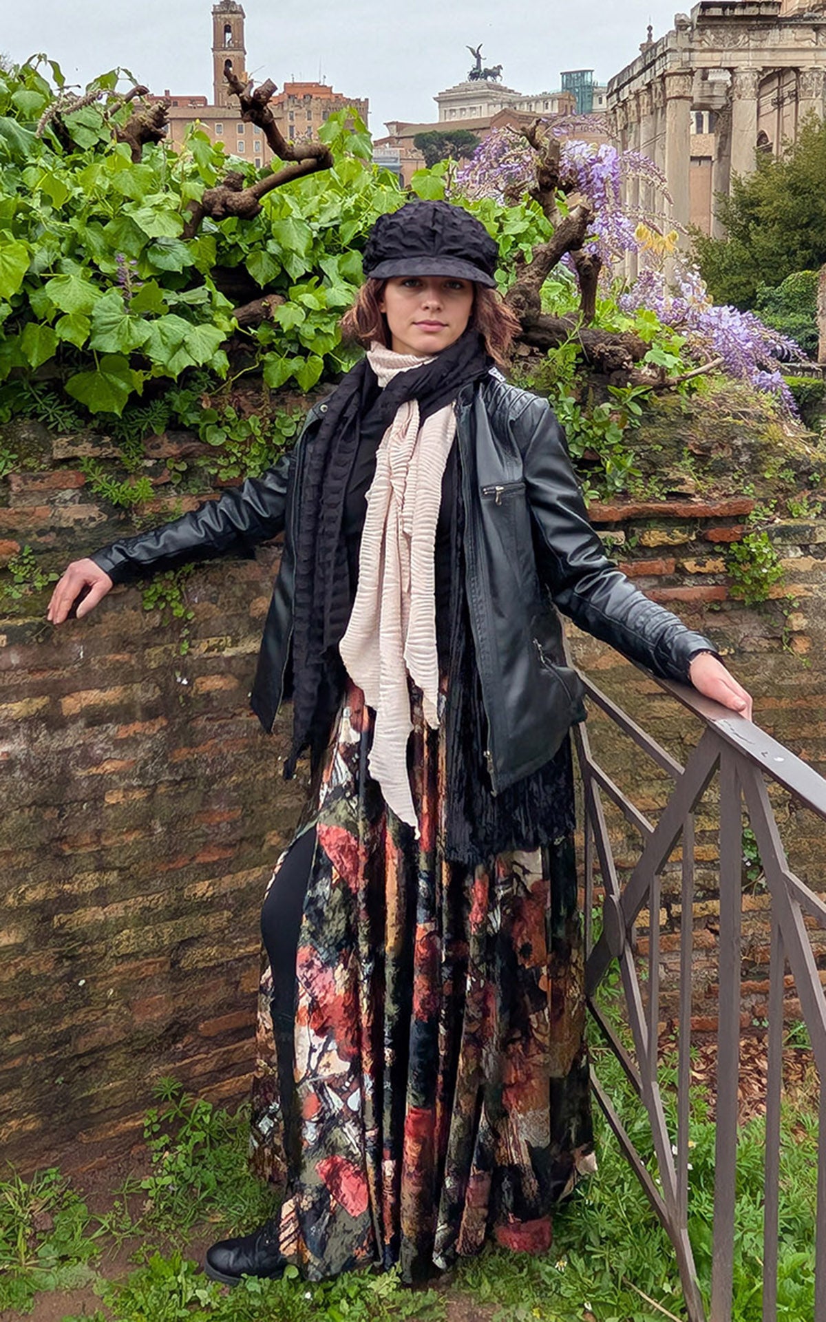 Women wearing Diane Cap | Fractal in Black | Featuring matching Handkerchief Scarf and Contrasting Fractal Blush Scarf | Handmade in Seattle WA | Pandemonium Millinery