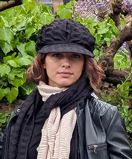 Model wearing Dianne Cap shown in Black Fractal and matching handkerchief Scarf | Handmade in USA by Pandemonium Millinery