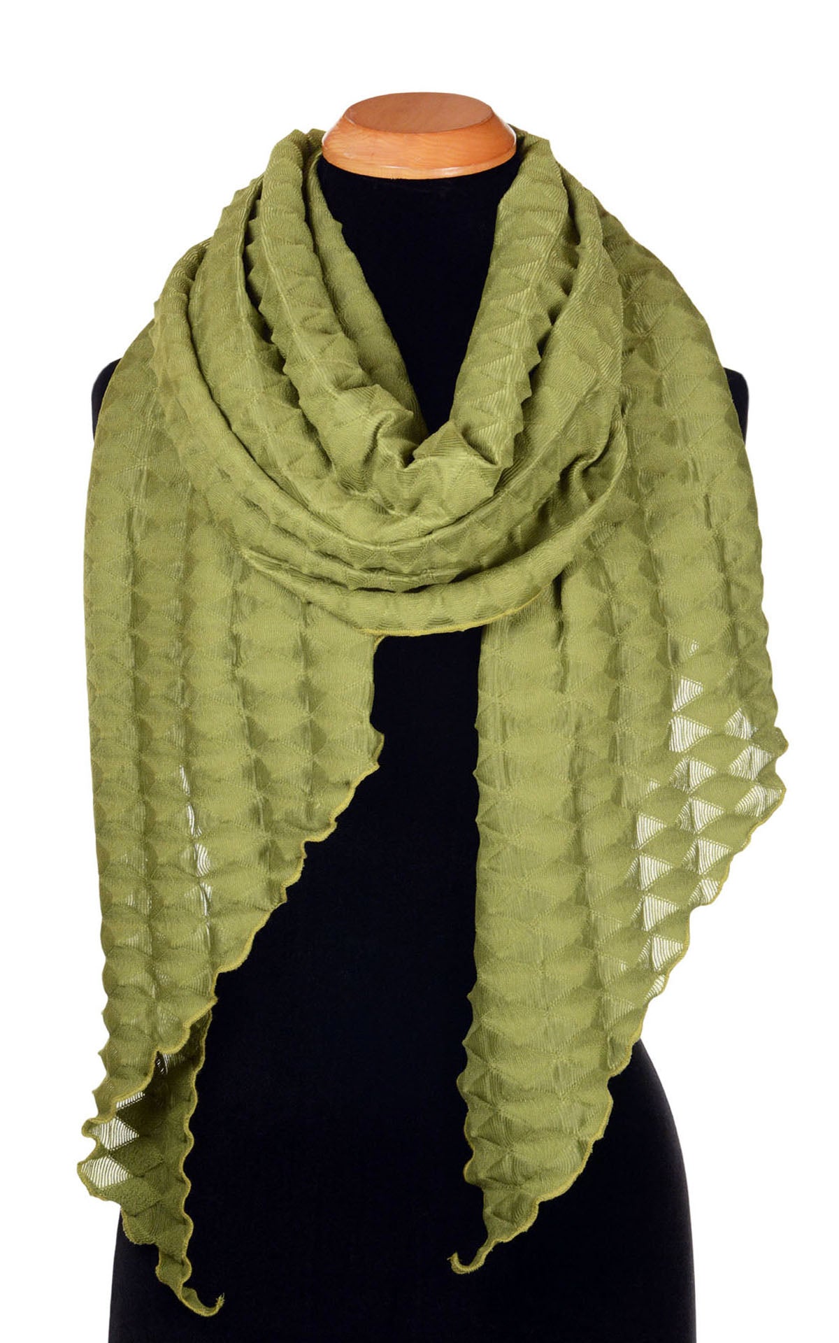 Handkerchief Scarf in Avocado Green from our Fractal Collection. Shown wrapped loosely on product model. LYC by Pandemonium is handmade in Seattle, WA, USA.