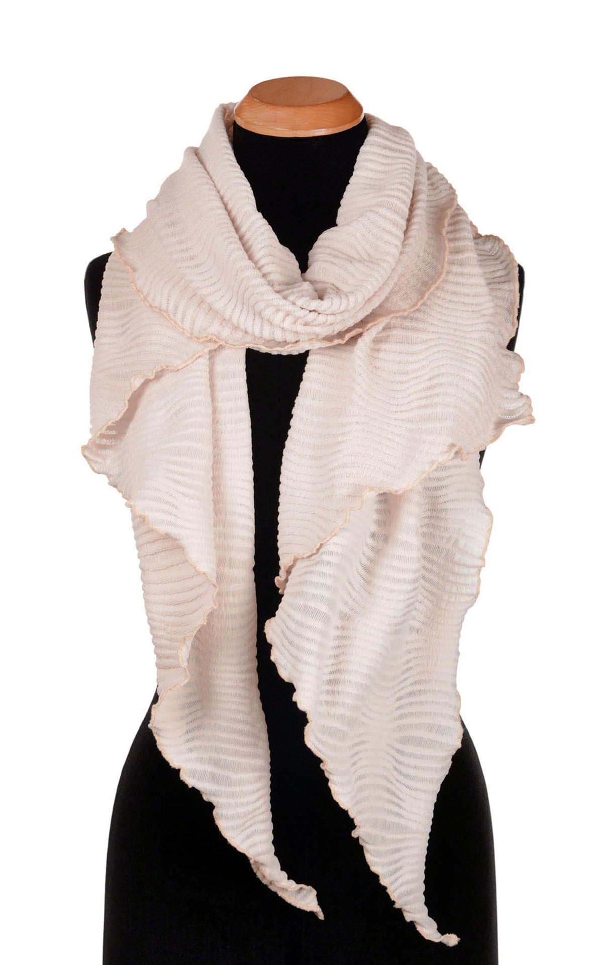 Handkerchief Scarf in Blush from the Pandemonium Seattle Fractal Collection. Shown wrapped loosely on product model. LYC by Pandemonium is handmade in Seattle, WA, USA.