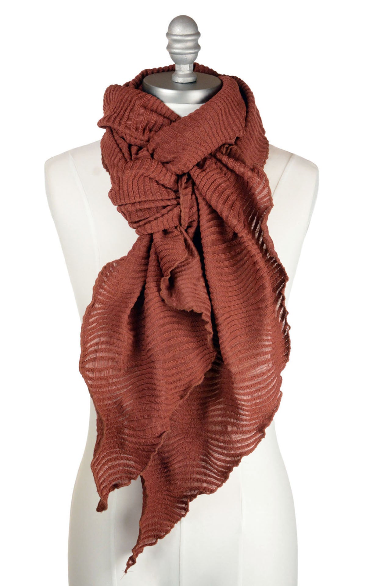 Fractal Handkerchief Scarf in Burnt Sienna, shown knotted and draped on product model. Handmade in Seattle, WA, USA. LYC/Pandemonium.